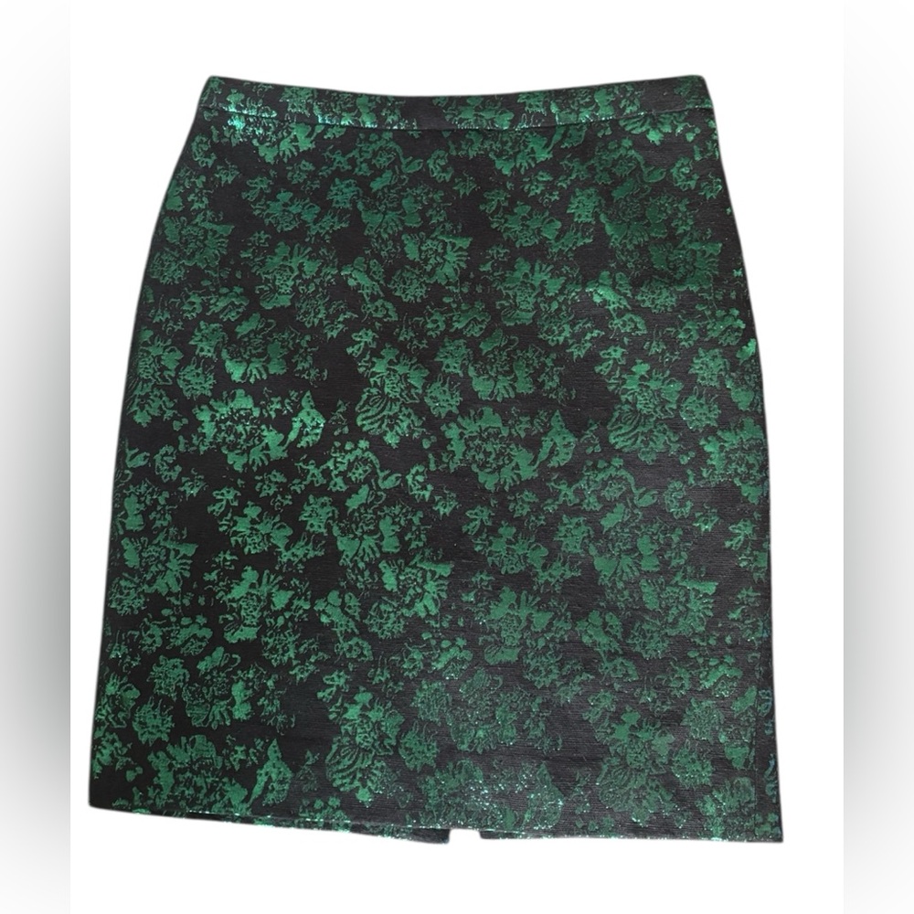 J. Crew Factory The Pencil Skirt Navy with Emerald Metallic‎ Brocade Size 2